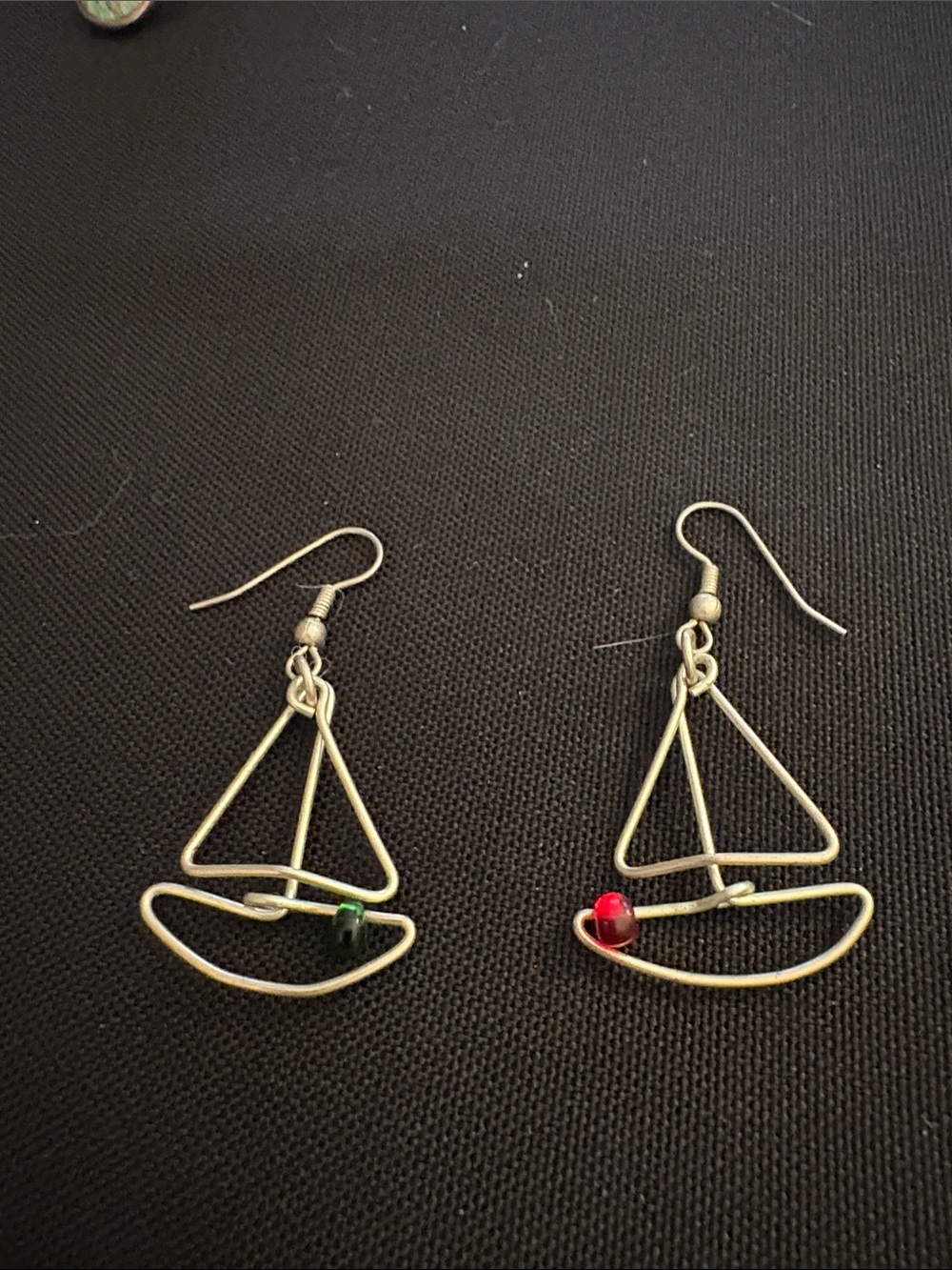 Sterling Silver Wire Sailboat Drop Earrings with Red and Green Beads